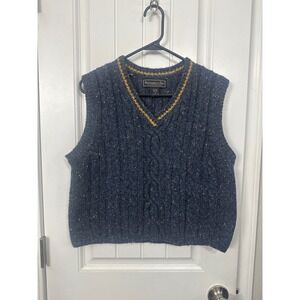 Abercrombie & Fitch Wool Cable Knit Sweater Vest Navy Blue Yellow V-Neck Medium